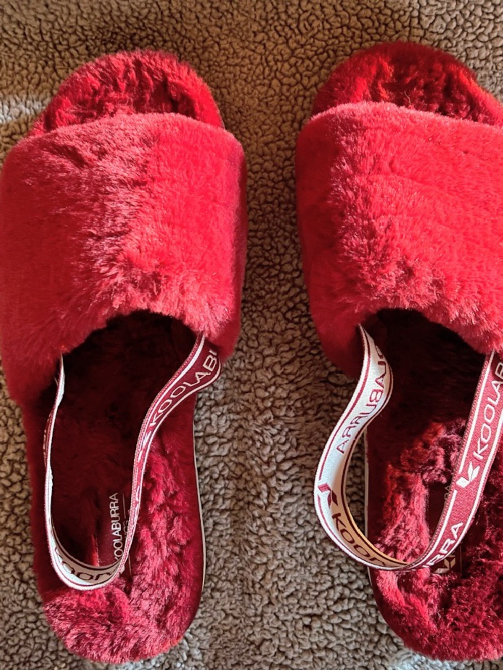 Koolaburra Red Plush Slide Slippers with Branded Heel Strap